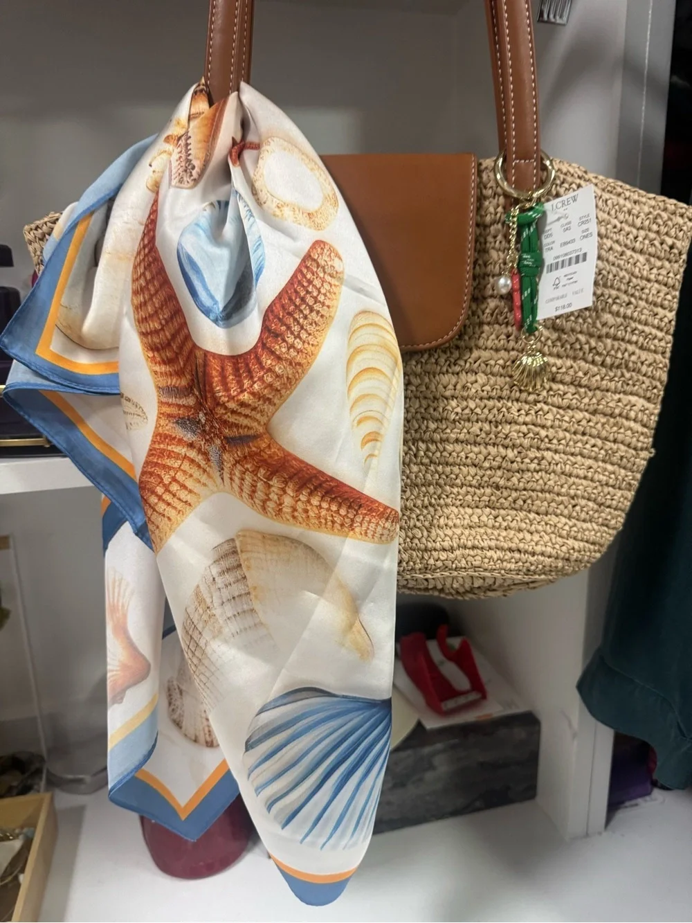 J.Crew NWT Raffia Tote w/ Nautical Shell & Coral Charm 🐚🪸 Coastal Resort Beach B